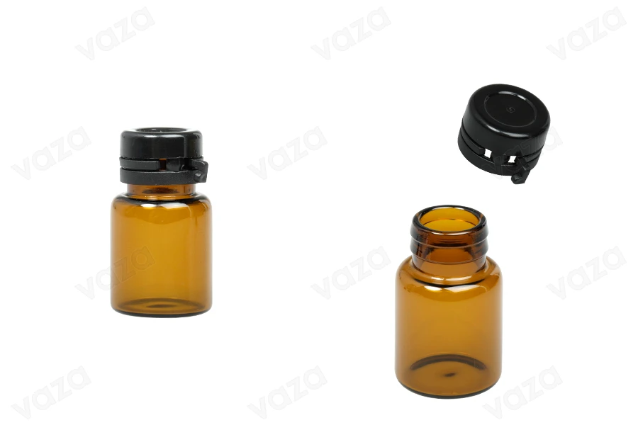 Φιαλίδιο 7 ml γυάλινο καραμελέ με μαύρο, πλαστικό καπάκι ασφαλείας (κουμπωτό) για φάρμακα και ομοιοπαθητικά-εικόνα_προϊοντική