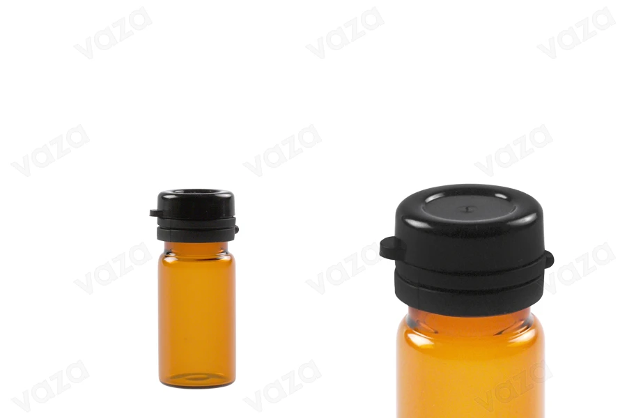 Φιαλίδιο 5 ml γυάλινο καραμελέ με μαύρο, πλαστικό καπάκι ασφαλείας (κουμπωτό) για φάρμακα και ομοιοπαθητικά-εικόνα_προϊοντική