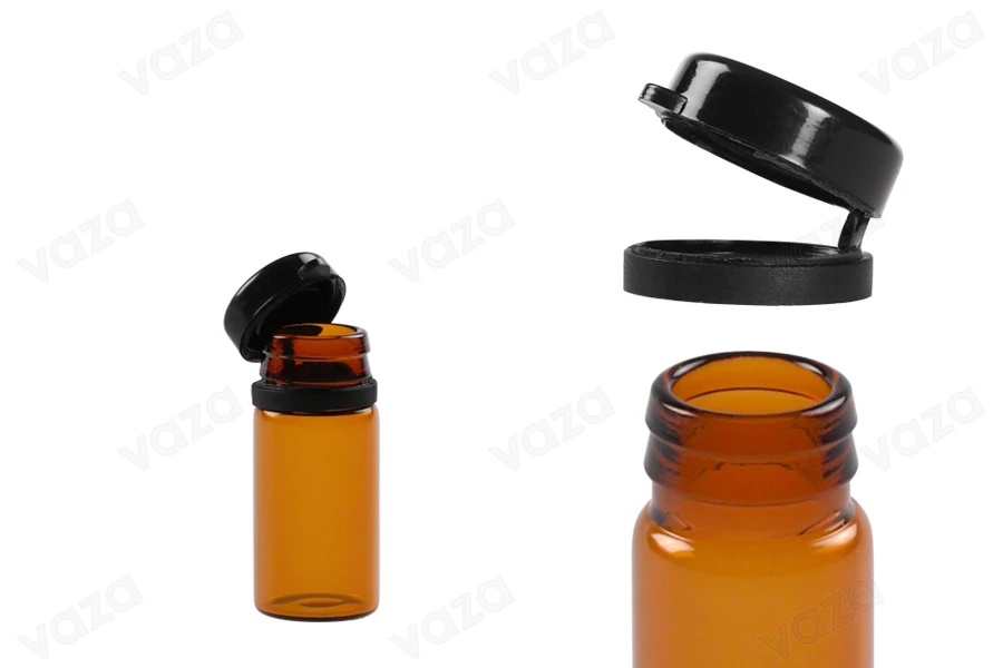 Φιαλίδιο 5 ml γυάλινο καραμελέ με μαύρο, πλαστικό καπάκι ασφαλείας (κουμπωτό) για φάρμακα και ομοιοπαθητικά-εικόνα_σύνθεση