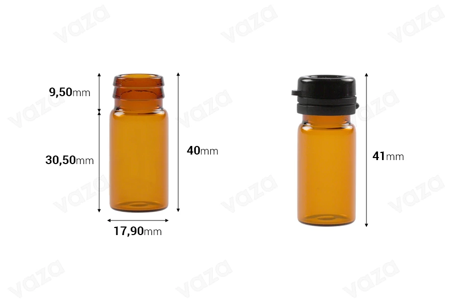 Φιαλίδιο 5 ml γυάλινο καραμελέ με μαύρο, πλαστικό καπάκι ασφαλείας (κουμπωτό) για φάρμακα και ομοιοπαθητικά-εικόνα_διαστάσεις