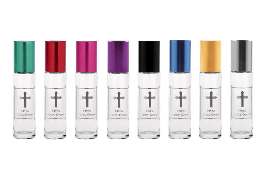 Roll-on γυάλινο, 10 ml διάφανο με γυάλινη μπίλια ασημί τύπωμα "Μύρο Αγίου Όρους" και καπάκι αλουμινίου σε διάφορα χρώματα για εκκλησίες - μοναστήρια Roll-on γυάλινο, 10 ml διάφανο με γυάλινη μπίλια ασημί τύπωμα "Μύρο Αγίου Όρους" και καπάκι αλουμινίου σε διάφορα χρώματα για εκκλησίες - μοναστήρια