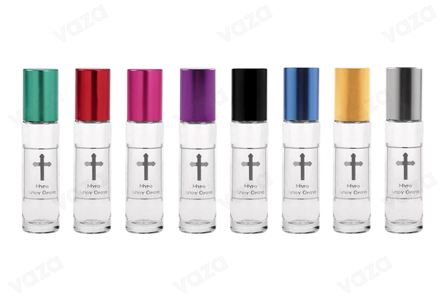 Roll-on γυάλινο, 10 ml διάφανο με γυάλινη μπίλια ασημί τύπωμα "Μύρο Αγίου Όρους" και καπάκι αλουμινίου σε διάφορα χρώματα για εκκλησίες - μοναστήρια-εικόνα_προϊοντική