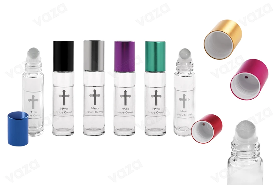 Roll-on γυάλινο, 10 ml διάφανο με γυάλινη μπίλια ασημί τύπωμα "Μύρο Αγίου Όρους" και καπάκι αλουμινίου σε διάφορα χρώματα για εκκλησίες - μοναστήρια-εικόνα_διαστάσεις