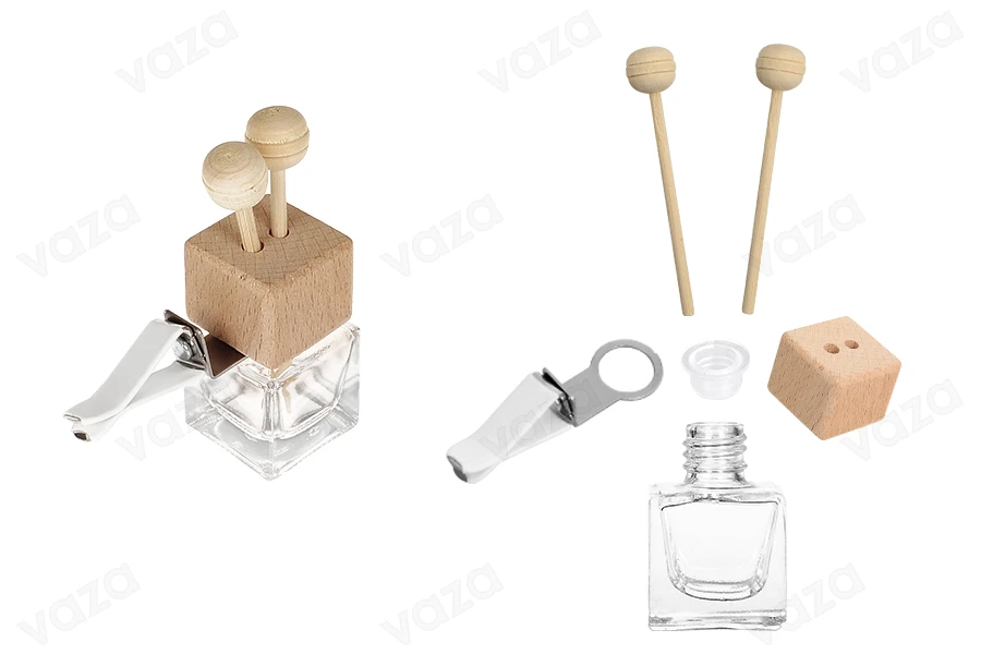 Μπουκαλάκι για αρωματικό αυτοκινήτου 7 ml με ξύλινο καπάκι, sticks και τάπα - 25 τμχ-εικόνα_διαστάσεις