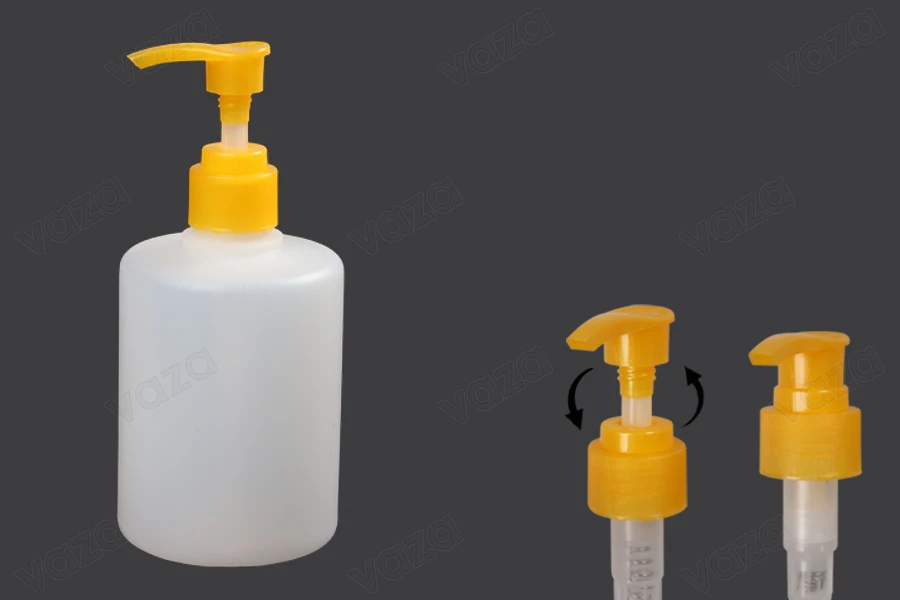 Shishe plastike 300 ml, gjysmë transparente, me pompë 24/410, e përshtatshme për antiseptikë duarsh dhe produkte pastrimi. Shishe plastike 300 ml, gjysmë transparente, me pompë 24/410, e përshtatshme për antiseptikë duarsh dhe produkte pastrimi.-imazh_produkt