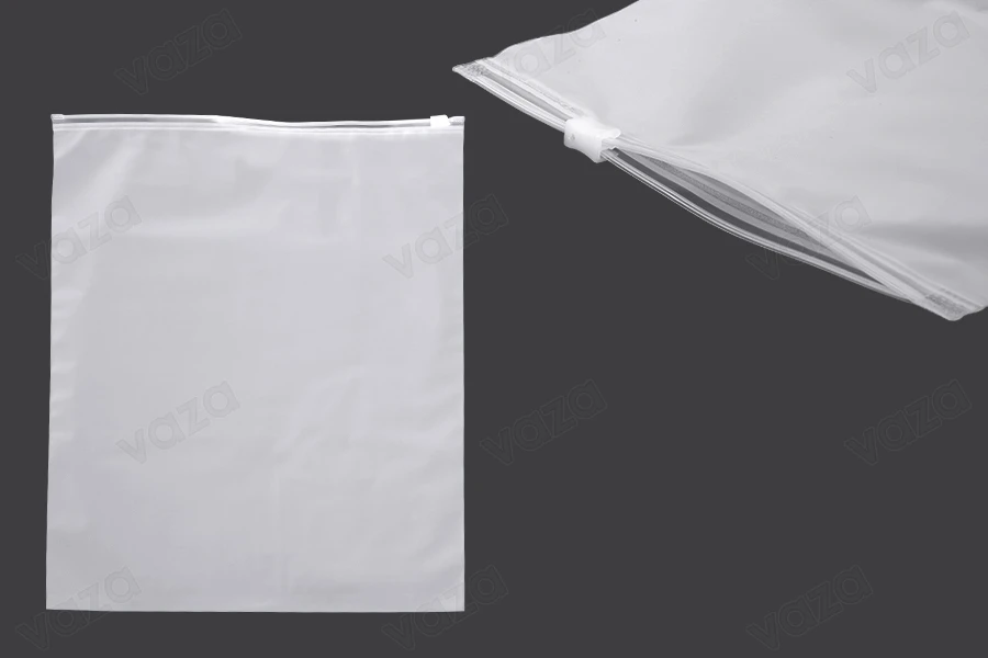 Sachets d'emballage en plastique 300 x 350 mm, semi-transparents mats avec fermeture éclair - 100 pcs Sachets d'emballage en plastique 300 x 350 mm, semi-transparents mats avec fermeture éclair - 100 pcs-photo_produit
