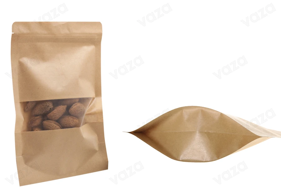 Σακουλάκια κραφτ τύπου Doy Pack  160x40x235 mm, με κλείσιμο "zip" και παράθυρο, εσωτερική και εξωτερική διάφανη επένδυση και δυνατότητα σφράγισης με θερμοκόλληση - 100 τμχ-εικόνα_προϊοντική