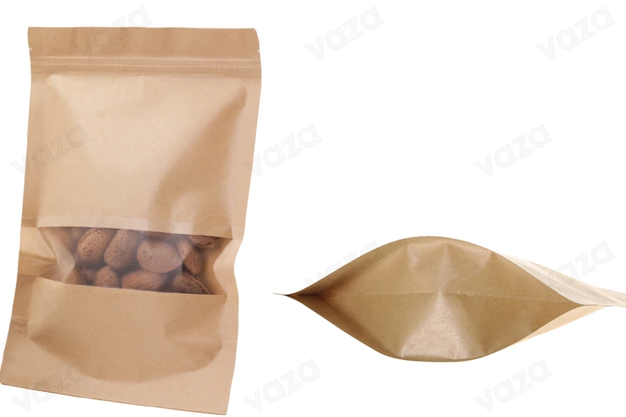 Σακουλάκια κραφτ τύπου Doy Pack  180x50x260 mm, με κλείσιμο "zip" και παράθυρο, εσωτερική και εξωτερική διάφανη επένδυση και δυνατότητα σφράγισης με θερμοκόλληση - 100 τμχ-εικόνα_προϊοντική