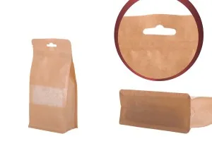 Standbodenbeutel aus Kraftpapier, mit Druckverschluss, Sichtfenster und Eurohole Loch - verschließbar (durch Schweißgerät) 100x 60x 200 - 50 Stücke-3
