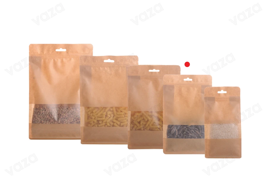 Qese kraft tip “Doy Pack”, me mbyllje “zip”, dritare dhe vrimë Eurohole, veshje të brendshme dhe të jashtme transparente dhe mundësi për vulosje me nxehtësi, 140x60x240 mm – 50 copë. Qese kraft tip “Doy Pack”, me mbyllje “zip”, dritare dhe vrimë Eurohole, veshje të brendshme dhe të jashtme transparente dhe mundësi për vulosje me nxehtësi, 140x60x240 mm – 50 copë.-imazh_grup