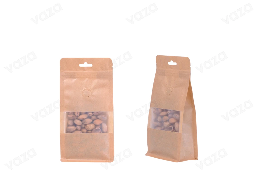 Sachets en papier kraft de type Doypack, avec zip, fenêtre et trou Eurohole, revêtement transparent interne et externe, possibilité de scellage par thermoscellage 100 x 60 x 200 mm – 25 pcs Sachets en papier kraft de type Doypack, avec zip, fenêtre et trou Eurohole, revêtement transparent interne et externe, possibilité de scellage par thermoscellage 100 x 60 x 200 mm – 25 pcs-photo_produit