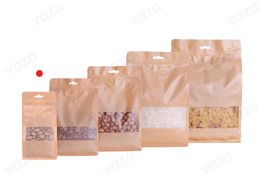 Sachets en papier kraft de type Doypack, avec zip, fenêtre et trou Eurohole, revêtement transparent interne et externe, possibilité de scellage par thermoscellage 100 x 60 x 200 mm – 25 pcs Sachets en papier kraft de type Doypack, avec zip, fenêtre et trou Eurohole, revêtement transparent interne et externe, possibilité de scellage par thermoscellage 100 x 60 x 200 mm – 25 pcs-photo_groupe