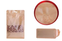 Σακουλάκια κραφτ τύπου Doy Pack, με κλείσιμο "zip", βαλβίδα, παράθυρο και τρύπα Eurohole, εσωτερική και εξωτερική διάφανη επένδυση και δυνατότητα σφράγισης με θερμοκόλληση 180x80x280 mm - 25 τμχ