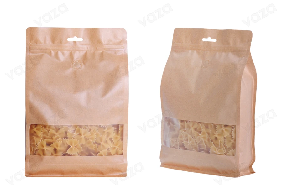 Doypack stand-up pouches kraft with a zipper, valve, window and Eurohole, with a transparent inside and outside layer, also heat sealable, 160x80x260 mm - 25 pcs Doypack stand-up pouches kraft with a zipper, valve, window and Eurohole, with a transparent inside and outside layer, also heat sealable, 160x80x260 mm - 25 pcs-εικόνα_προϊοντική