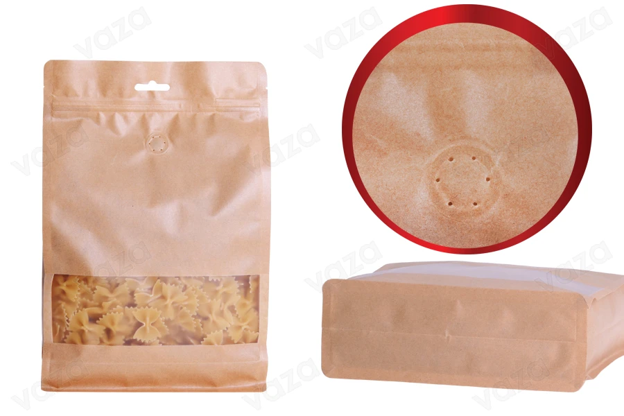 Doypack stand-up pouches kraft with a zipper, valve, window and Eurohole, with a transparent inside and outside layer, also heat sealable, 160x80x260 mm - 25 pcs Doypack stand-up pouches kraft with a zipper, valve, window and Eurohole, with a transparent inside and outside layer, also heat sealable, 160x80x260 mm - 25 pcs-εικόνα_διαστάσεις