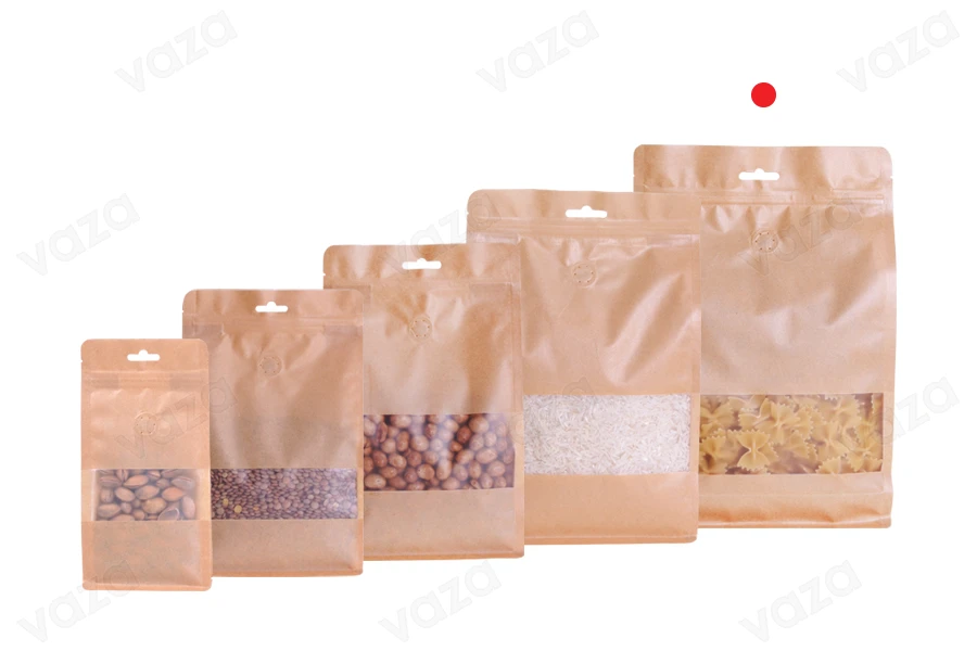 Doypack stand-up pouches kraft with a zipper, valve, window and Eurohole, with a transparent inside and outside layer, also heat sealable, 160x80x260 mm - 25 pcs Doypack stand-up pouches kraft with a zipper, valve, window and Eurohole, with a transparent inside and outside layer, also heat sealable, 160x80x260 mm - 25 pcs-εικόνα_σύνθεση