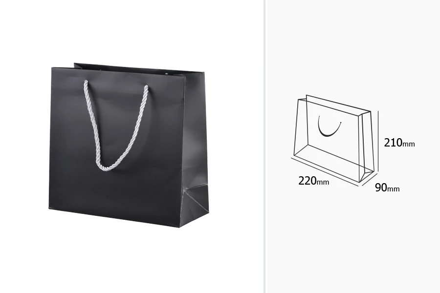 Black laminated gift bag with silver twisted rope handle in size 220x90x210 Black laminated gift bag with silver twisted rope handle in size 220x90x210