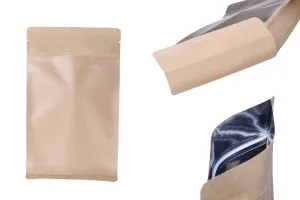 Kraftbeutel vom Typ Doy Pack, ohne Loch, mit Reißverschluss, Aluminium-Innenfutter und Möglichkeit der Versiegelung mit Heißsiegelung 140x70x240mm - 50 Stk