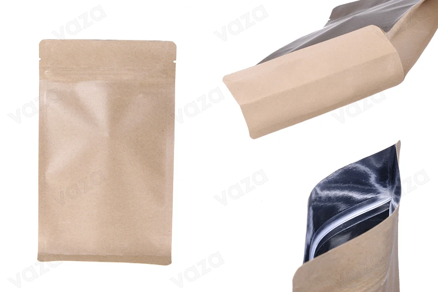 Σακουλάκια κραφτ τύπου Doy Pack  140x70x240 mm, χωρίς τρύπα, με κλείσιμο zip, εσωτερική επένδυση αλουμινίου και δυνατότητα σφράγισης με θερμοκόλληση - 50 τμχ-εικόνα_προϊοντική