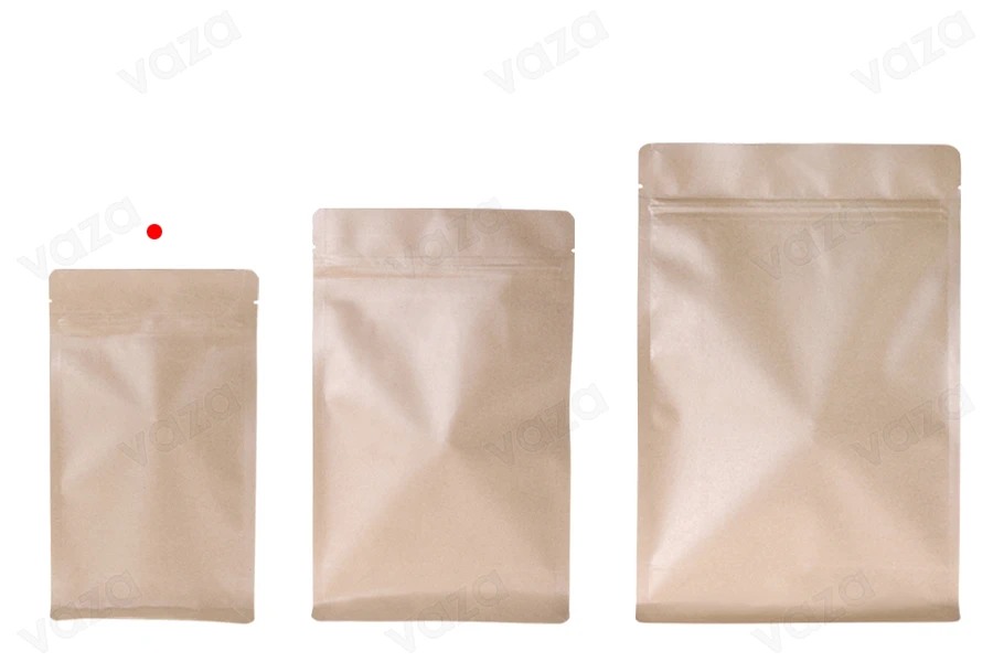 Σακουλάκια κραφτ τύπου Doy Pack  140x70x240 mm, χωρίς τρύπα, με κλείσιμο zip, εσωτερική επένδυση αλουμινίου και δυνατότητα σφράγισης με θερμοκόλληση - 50 τμχ-