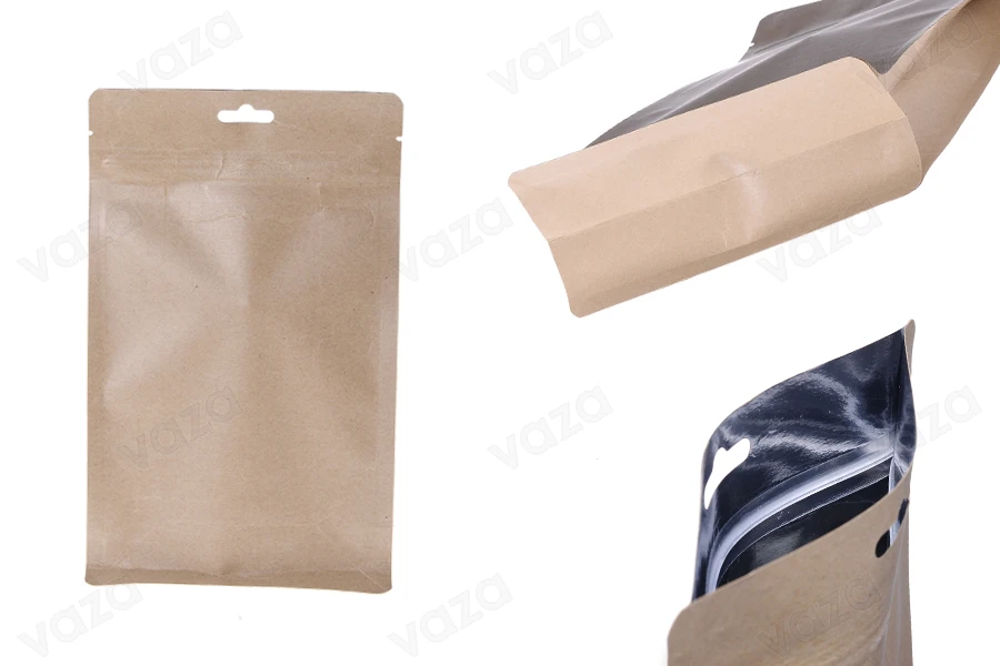 Sacchetti in carta kraft tipo Doy Pack, termosaldabili, chiusura a zip, fodera interna in alluminio 140x70x230 mm-50 pz-immagine_prodotto