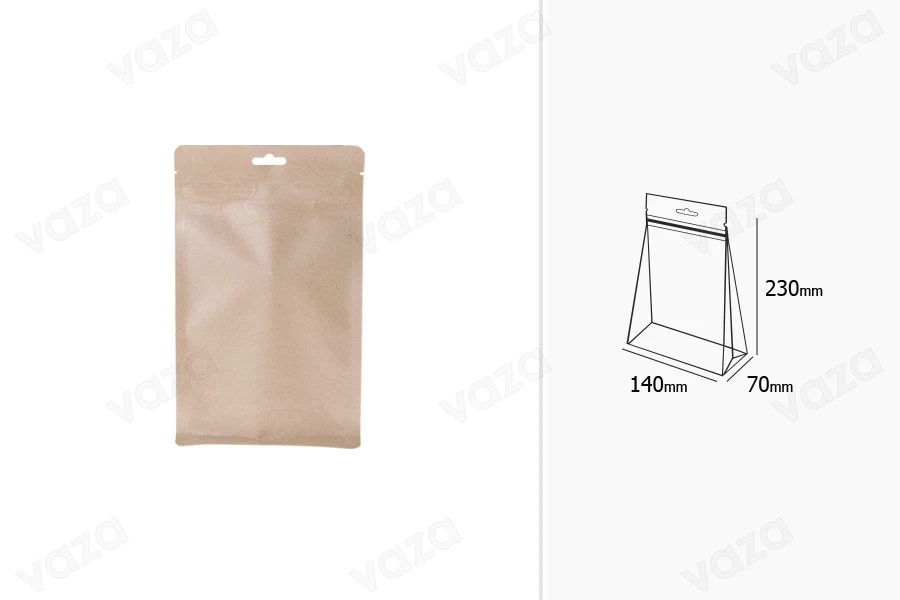 Sacchetti in carta kraft tipo Doy Pack, termosaldabili, chiusura a zip, fodera interna in alluminio 140x70x230 mm-50 pz-dimensioni_immagine