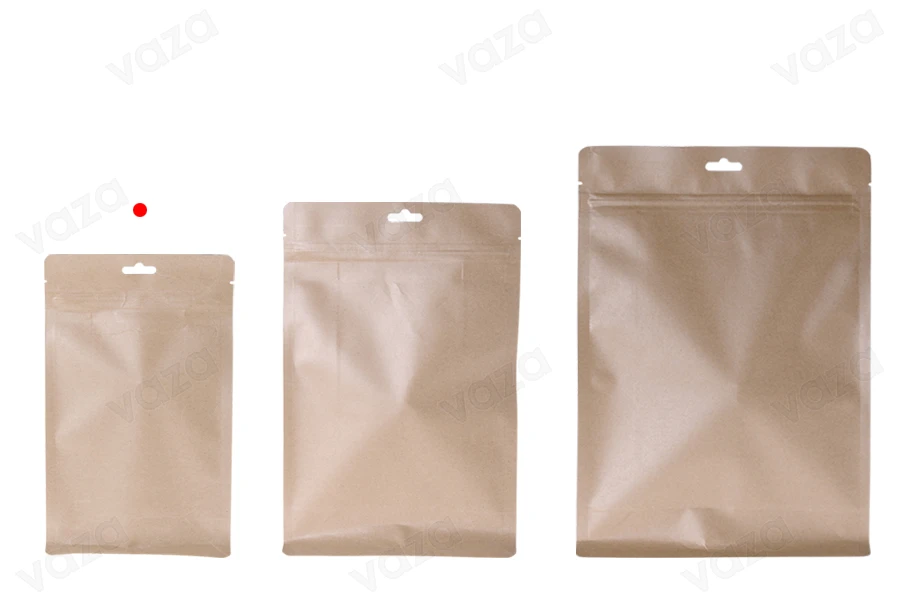 Sacchetti in carta kraft tipo Doy Pack, termosaldabili, chiusura a zip, fodera interna in alluminio 140x70x230 mm-50 pz-