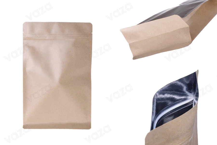 Sachets en papier kraft de type Doypack  160 x 80 x 260 mm, sans trou, avec fermeture zip, revêtement intérieur en aluminium et capacité de thermosoudage - 50 pcs-photo_produit