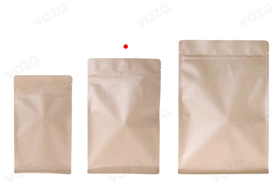Sachets en papier kraft de type Doypack  160 x 80 x 260 mm, sans trou, avec fermeture zip, revêtement intérieur en aluminium et capacité de thermosoudage - 50 pcs-