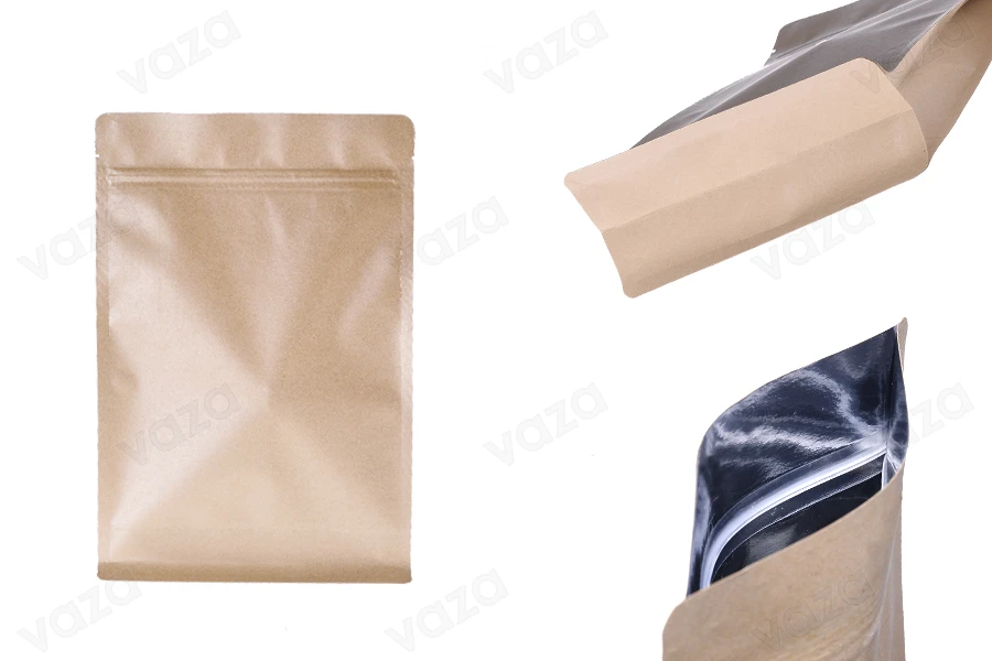 Sachets en papier kraft de type Doypack 200 x 80 x 300 mm, avec fermeture zip, sans trou, revêtement intérieur en aluminium et possibilité de thermoscellage - 50 pcs Sachets en papier kraft de type Doypack 200 x 80 x 300 mm, avec fermeture zip, sans trou, revêtement intérieur en aluminium et possibilité de thermoscellage - 50 pcs-εικόνα_προϊοντική