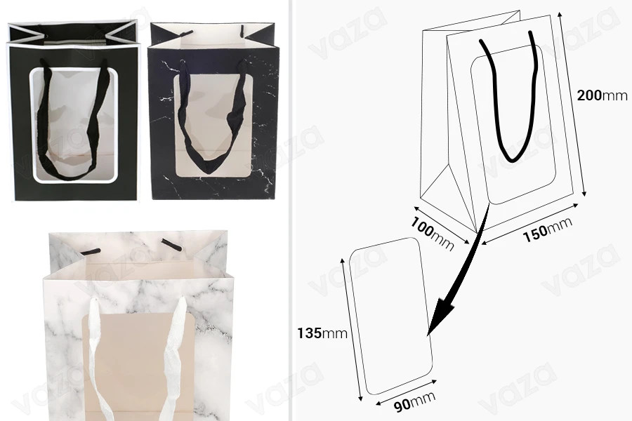 Geschenktüte aus Papier 150x100x200 mm mit Sichtfenster und Kordelgriff - 12 Stück Geschenktüte aus Papier 150x100x200 mm mit Sichtfenster und Kordelgriff - 12 Stück-εικόνα_διαστάσεις
