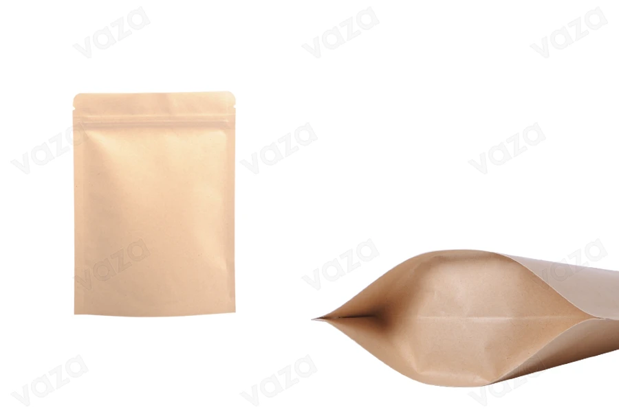 Standbodenbeutel aus Kraftpapier mit Druckverschluss, Alu- Beschichtung, verschließbar durch Schweißgerät 90x30x140mm - 50 Stücke-produktbild