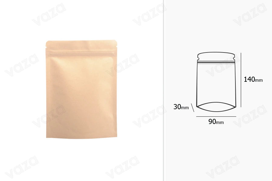 Standbodenbeutel aus Kraftpapier mit Druckverschluss, Alu- Beschichtung, verschließbar durch Schweißgerät 90x30x140mm - 50 Stücke-bildabmessungen