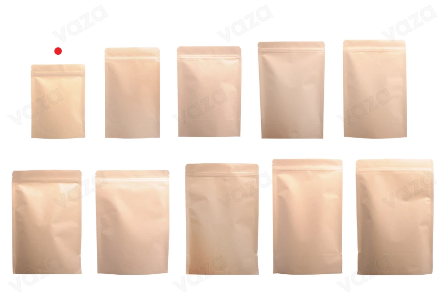 Standbodenbeutel aus Kraftpapier mit Druckverschluss, Alu- Beschichtung, verschließbar durch Schweißgerät 90x30x140mm - 50 Stücke-bildgruppe