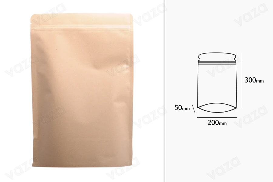 Σακουλάκια κραφτ τύπου Doy Pack, με κλείσιμο "zip", εσωτερική επένδυση αλουμινίου και δυνατότητα σφράγισης με θερμοκόλληση 200x50x300 mm - 50 τμχ-εικόνα_διαστάσεις