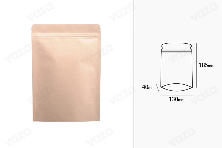 Σακουλάκια κραφτ τύπου Doy Pack, με κλείσιμο "zip", εσωτερική επένδυση αλουμινίου και δυνατότητα σφράγισης με θερμοκόλληση 130x40x185 mm - 50 τμχ Σακουλάκια κραφτ τύπου Doy Pack, με κλείσιμο "zip", εσωτερική επένδυση αλουμινίου και δυνατότητα σφράγισης με θερμοκόλληση 130x40x185 mm - 50 τμχ-εικόνα_διαστάσεις