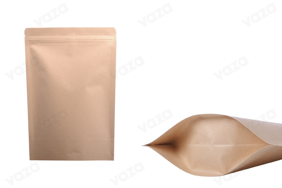 Sacchetti in carta kraft tipo Doy Pack, con chiusura a zip, fodera interna in alluminio e possibilità di sigillare con termosaldatura 130x40x210 mm – 50 pz-εικόνα_προϊοντική