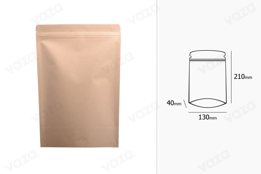 Sacchetti in carta kraft tipo Doy Pack, con chiusura a zip, fodera interna in alluminio e possibilità di sigillare con termosaldatura 130x40x210 mm – 50 pz-εικόνα_διαστάσεις