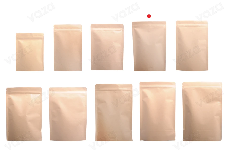 Sacchetti in carta kraft tipo Doy Pack, con chiusura a zip, fodera interna in alluminio e possibilità di sigillare con termosaldatura 130x40x210 mm – 50 pz-εικόνα_σύνθεση