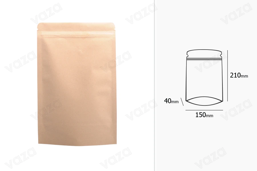 Σακουλάκια κραφτ τύπου Doy Pack, με κλείσιμο "zip", εσωτερική επένδυση αλουμινίου και δυνατότητα σφράγισης με θερμοκόλληση 150x40x210 mm - 50 τμχ-εικόνα_διαστάσεις