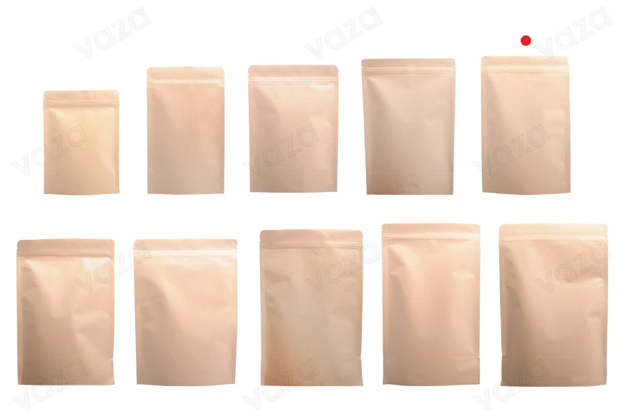 Σακουλάκια κραφτ τύπου Doy Pack, με κλείσιμο "zip", εσωτερική επένδυση αλουμινίου και δυνατότητα σφράγισης με θερμοκόλληση 150x40x210 mm - 50 τμχ-εικόνα_σύνθεση