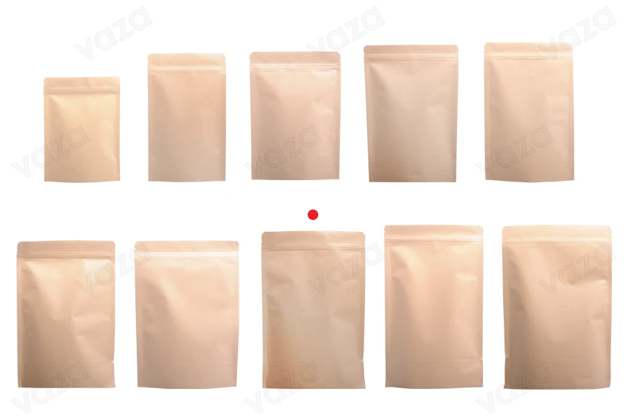 Sacchetti Doy Pack in carta kraft 180x40x260 mm, con fodera interna in alluminio, chiusura "zip" e termosaldabili - 50 pz-gruppo_immagini