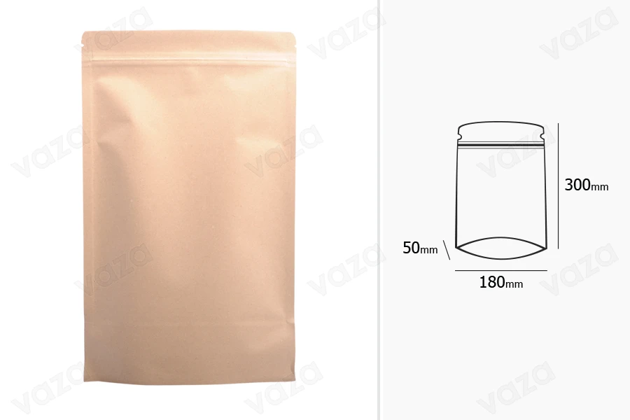 Σακουλάκια κραφτ τύπου Doy Pack, με κλείσιμο "zip", εσωτερική επένδυση αλουμινίου και δυνατότητα σφράγισης με θερμοκόλληση 180x50x300 mm - 50 τμχ-εικόνα_διαστάσεις