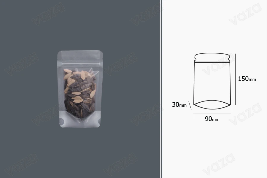 Qese Doy Pack, transparente, me mbyllje “zip” dhe mundësi vulosjeje me ngjitje termike 90 × 30 × 150 mm – 50 copë-imazh_grup