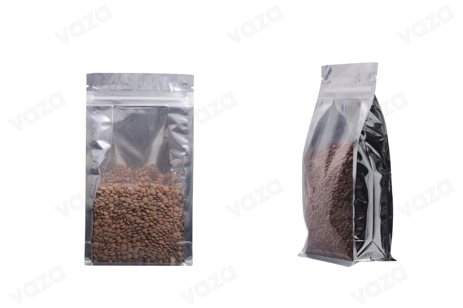 Qese alumini tipi Doy Pack, transparente, me mbyllje “zip” dhe mundësi vulosjeje me ngjitje termike120x60x220 mm – 50 copë-imazh_produkt