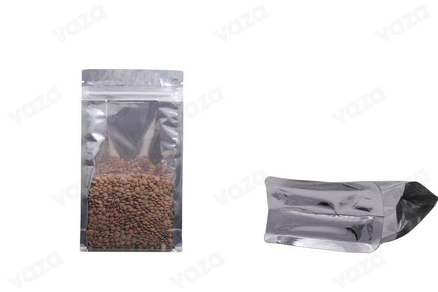 Qese alumini tipi Doy Pack, transparente, me mbyllje “zip” dhe mundësi vulosjeje me ngjitje termike120x60x220 mm – 50 copë-imazh_dimensione