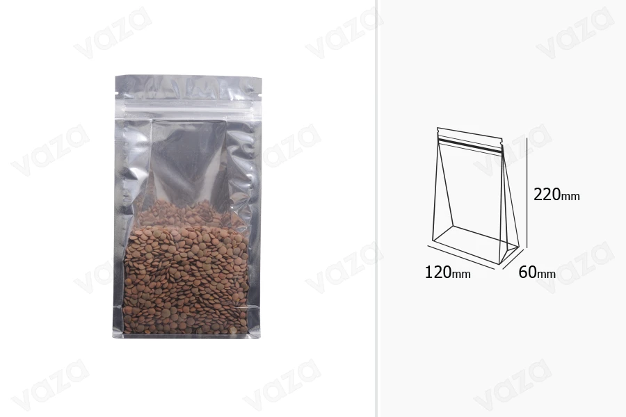 Qese alumini tipi Doy Pack, transparente, me mbyllje “zip” dhe mundësi vulosjeje me ngjitje termike120x60x220 mm – 50 copë-imazh_grup