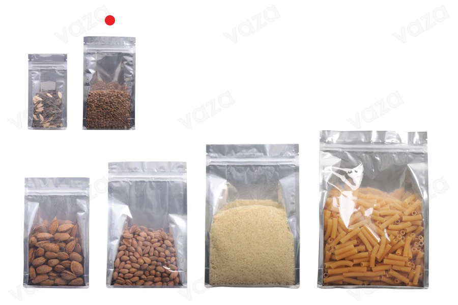 Qese alumini tipi Doy Pack, transparente, me mbyllje “zip” dhe mundësi vulosjeje me ngjitje termike120x60x220 mm – 50 copë-imazh_grup
