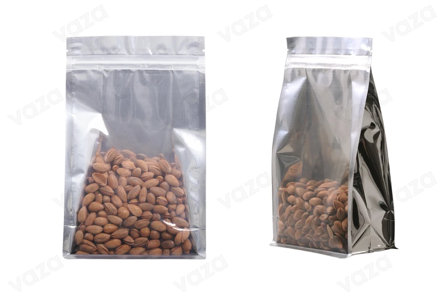 Qese alumini tipi Doy Pack, transparente, me mbyllje “zip” dhe mundësi vulosjeje me ngjitje termike 160 × 80 × 260 mm – 50 copë-εικόνα_προϊοντική