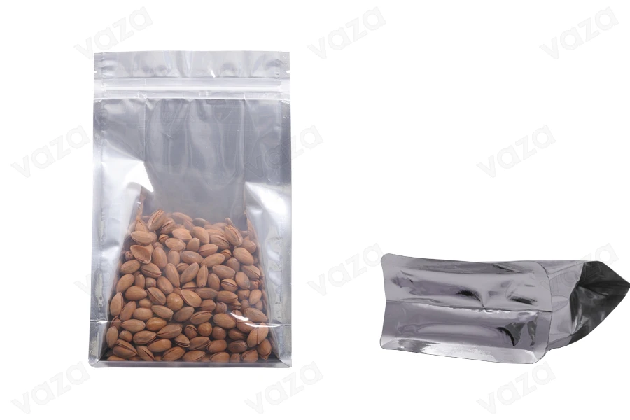 Qese alumini tipi Doy Pack, transparente, me mbyllje “zip” dhe mundësi vulosjeje me ngjitje termike 160 × 80 × 260 mm – 50 copë-εικόνα_διαστάσεις